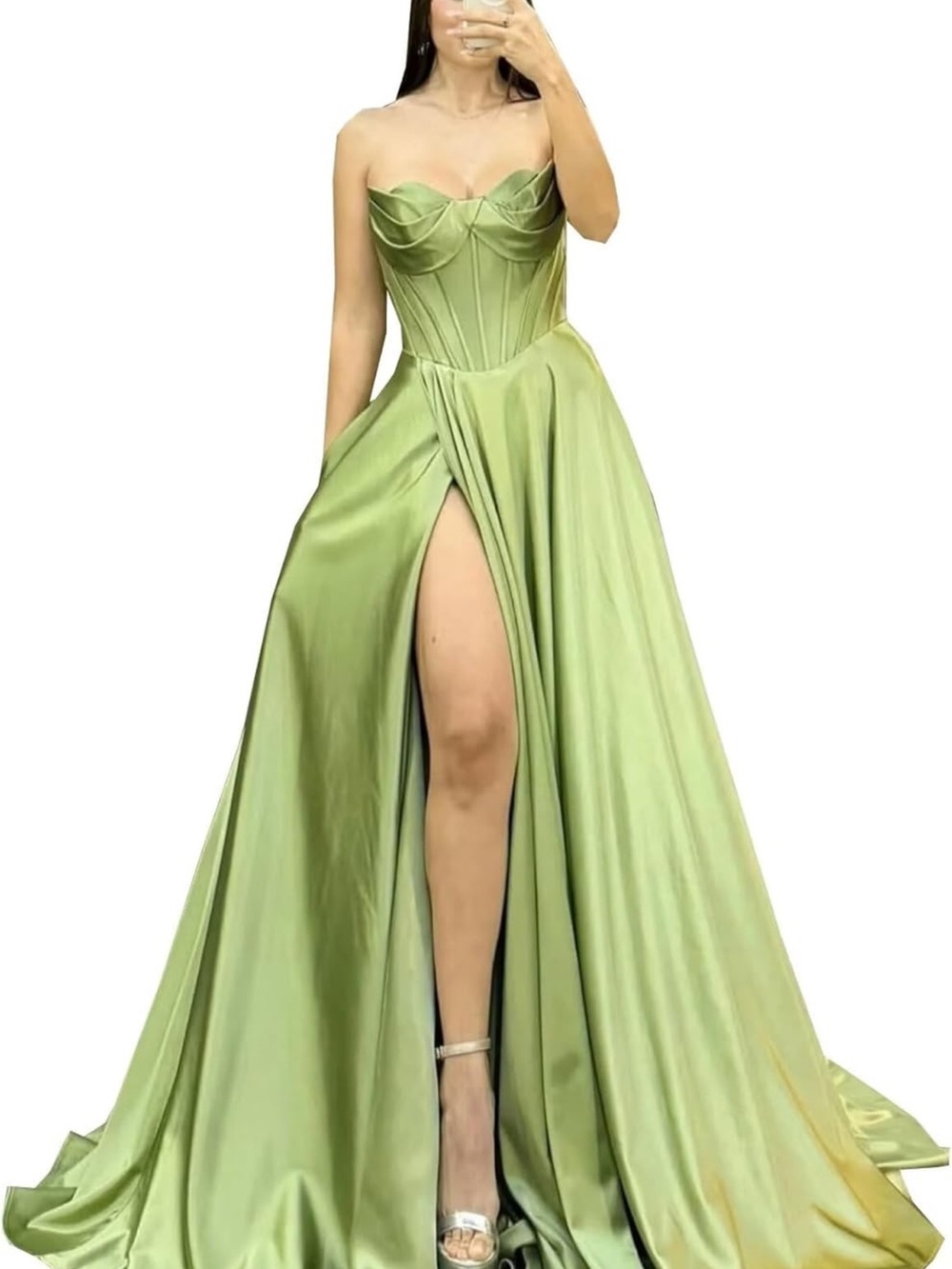 Strapless Satin Corset Evening Gown in Light Green